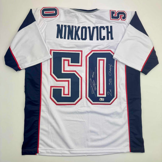 Autographed/Signed Rob Ninkovich "2x SB Champ" New England White Football Jersey Beckett BAS COA