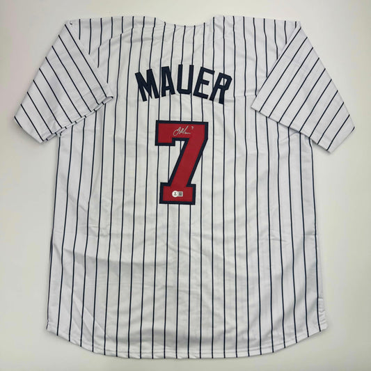 Autographed/Signed Joe Mauer Minnesota Pinstripe Baseball Jersey Beckett BAS COA