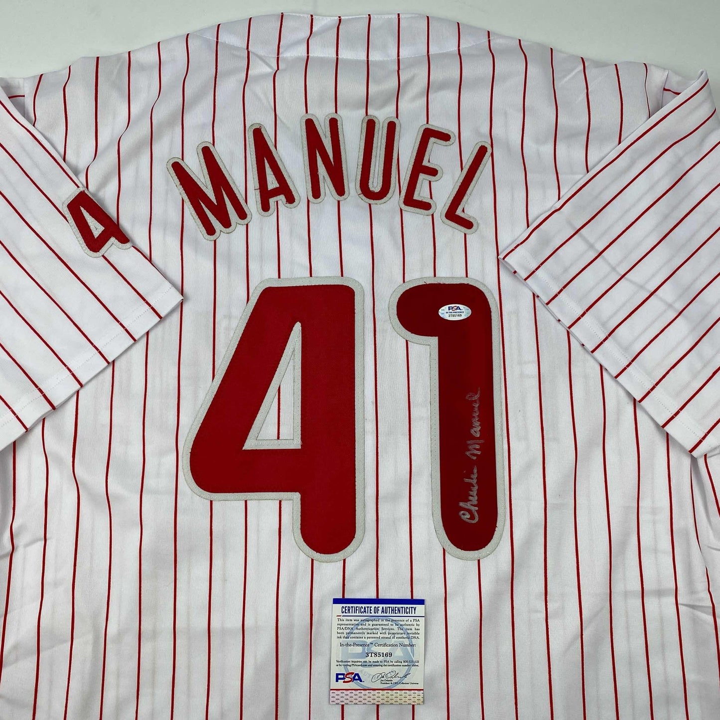 Autographed/Signed Charlie Manuel Philadelphia Pinstripe Baseball Jersey PSA/DNA COA