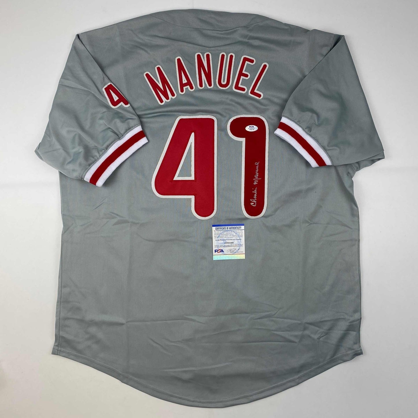 Autographed/Signed Charlie Manuel Philadelphia Grey Baseball Jersey PSA/DNA COA