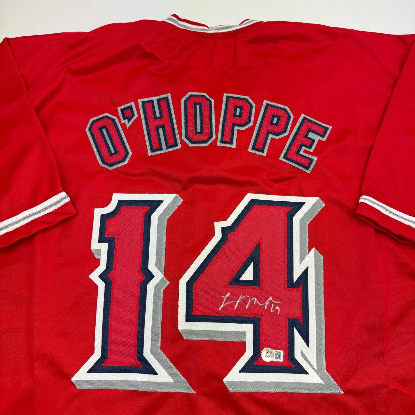 Autographed/Signed Logan O'Hoppe Los Angeles LA Anaheim Red Baseball Jersey Beckett BAS COA