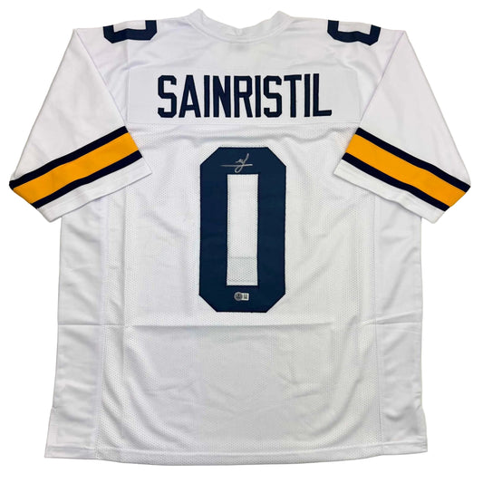Autographed/Signed Mike Sainristil Michigan White College Football Jersey Beckett BAS COA