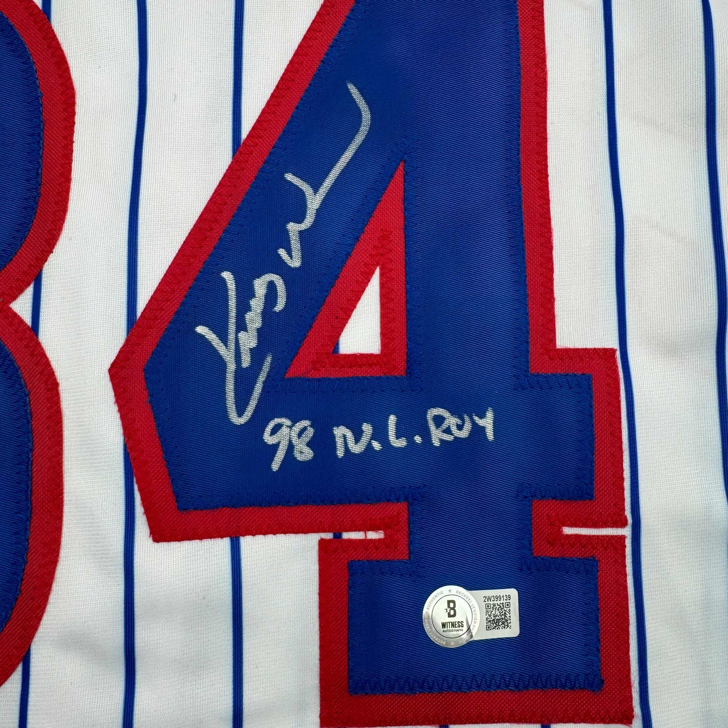 Autographed/Signed Kerry Wood 98 ROY Chicago Pinstripe Baseball Jersey Beckett BAS COA
