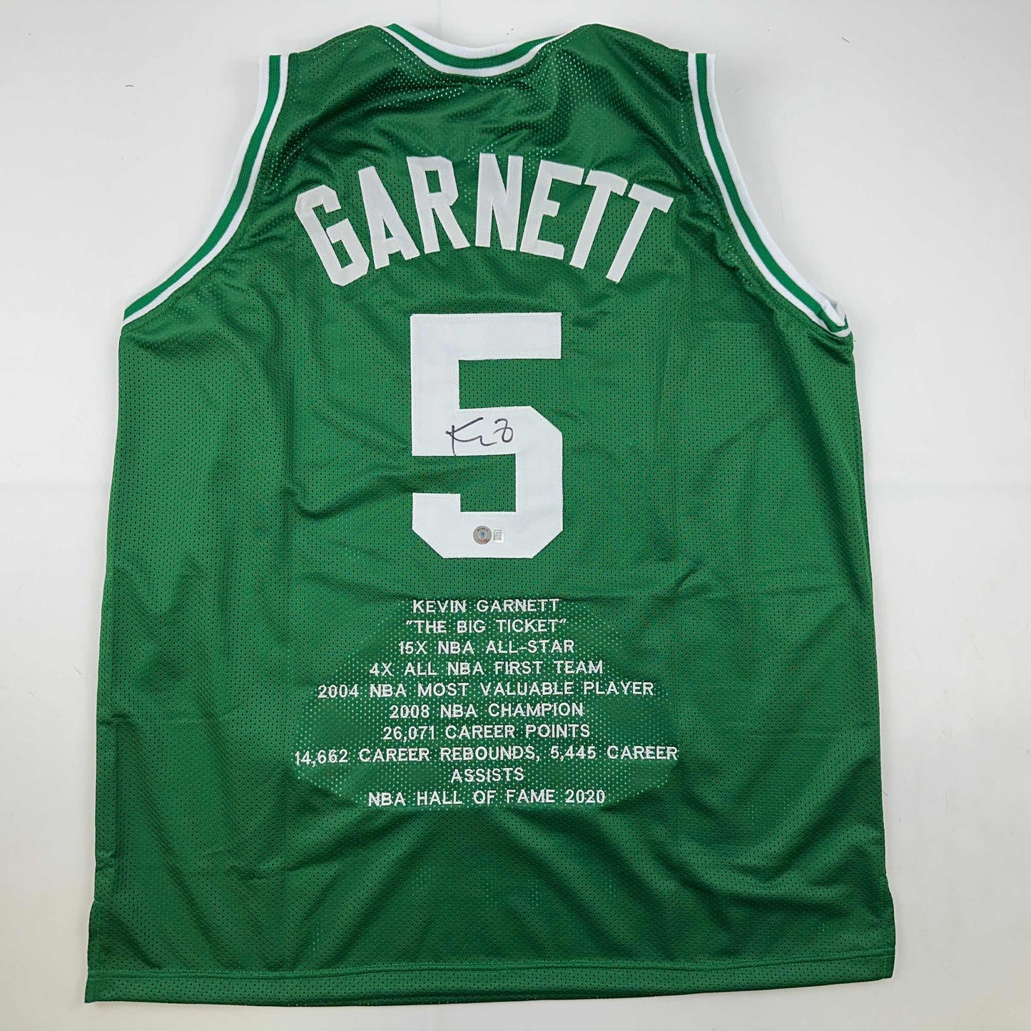 Autographed/Signed Kevin Garnett Boston Green Stat Basketball Jersey Beckett BAS COA