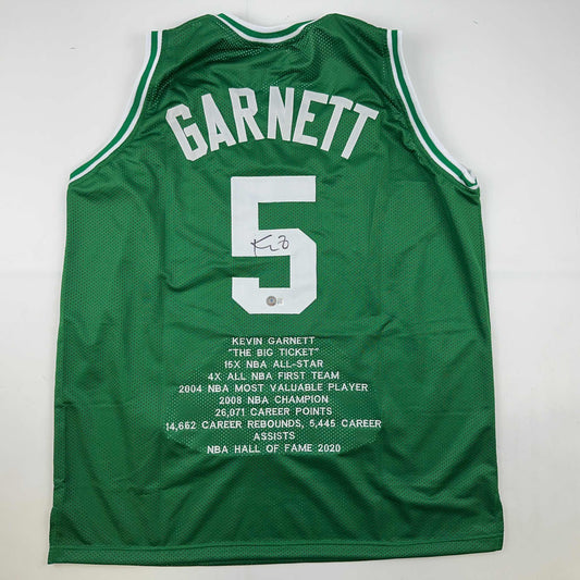 Autographed/Signed Kevin Garnett Boston Green Stat Basketball Jersey Beckett BAS COA