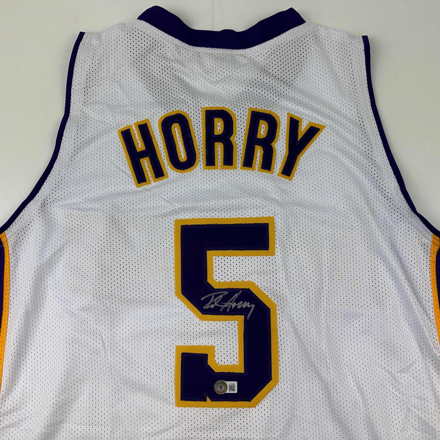 Autographed/Signed Robert Horry Los Angeles LA White Basketball Jersey Beckett BAS COA