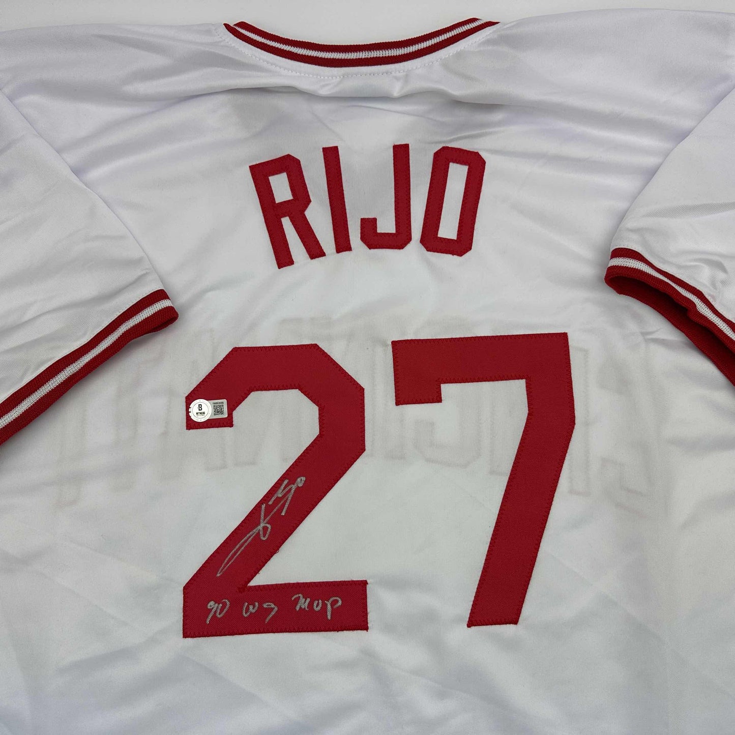Autographed/Signed Jose Rijo 90 WS MVP Cincinnati White Baseball Jersey Beckett BAS COA