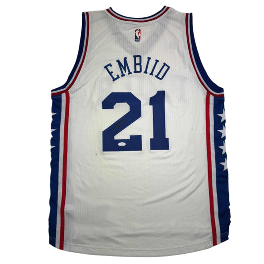 Autographed/Signed Joel Embiid Philadelphia White Basketball Jersey JSA COA