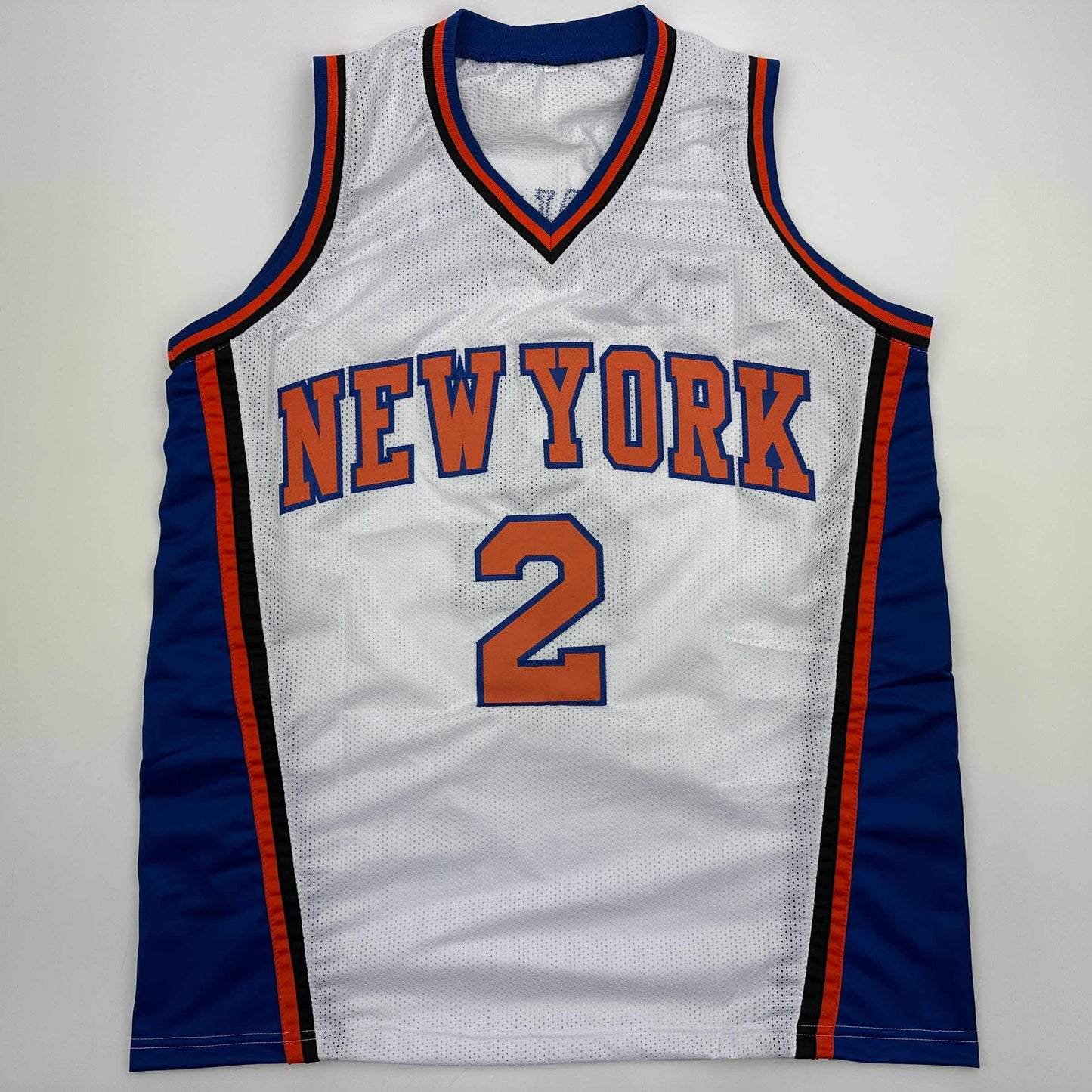 Autographed/Signed Larry Johnson New York White Basketball Jersey Beckett BAS COA