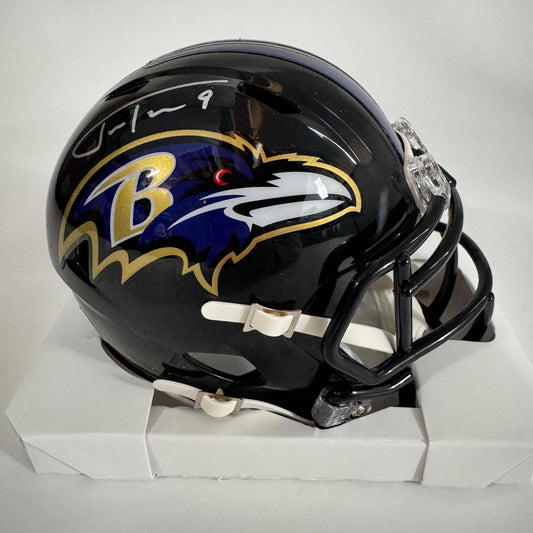 Autographed/Signed Justin Tucker Baltimore Ravens Mini Football Helmet Beckett BAS COA