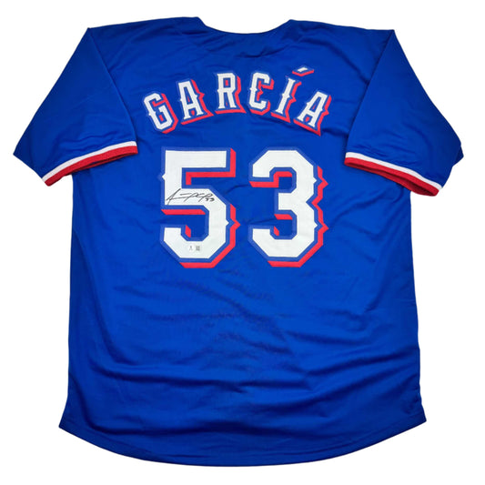 Autographed/Signed Adolis Garcia Texas Blue Baseball Jersey Beckett BAS COA