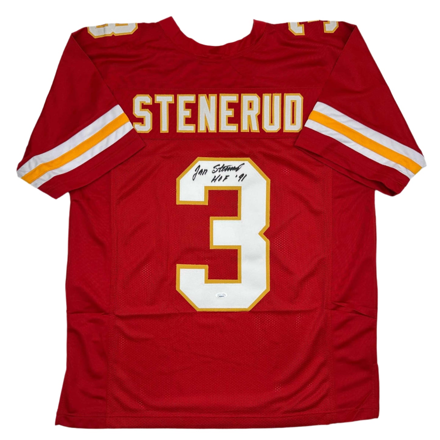 Autographed/Signed Jan Stenerud HOF 91 Kansas City Red Football Jersey JSA COA