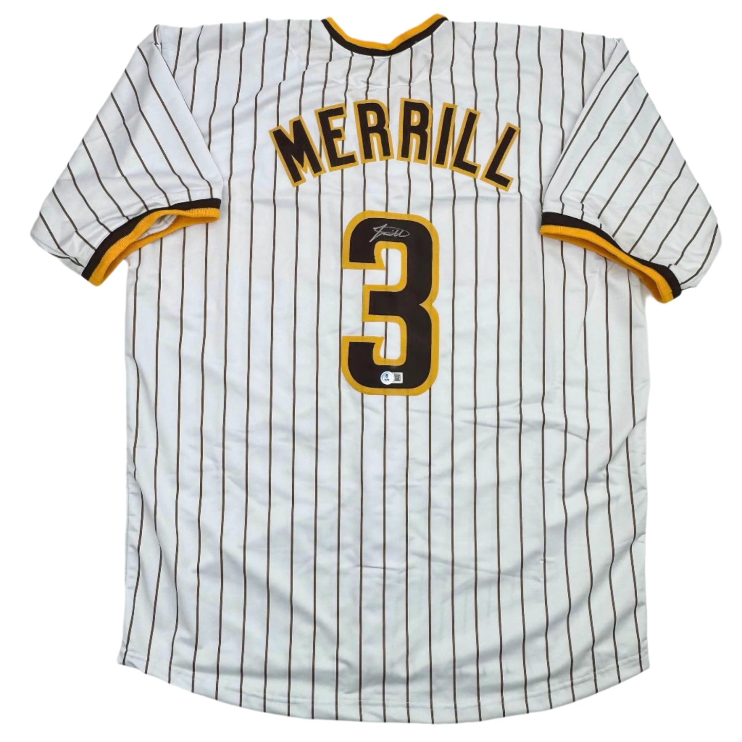 Autographed/Signed Jackson Merrill San Diego Pinstripe Baseball Jersey Beckett BAS COA