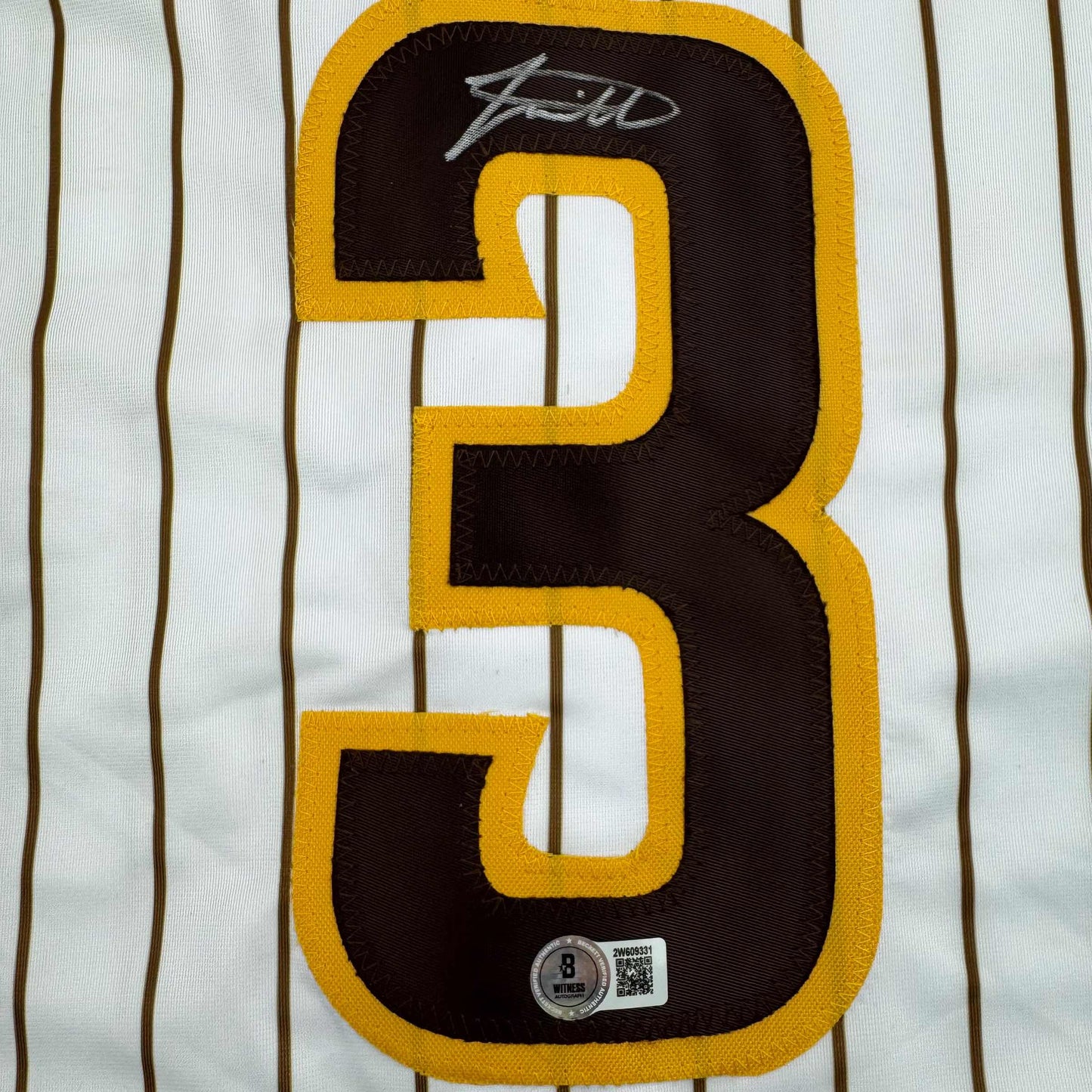 Autographed/Signed Jackson Merrill San Diego Pinstripe Baseball Jersey Beckett BAS COA