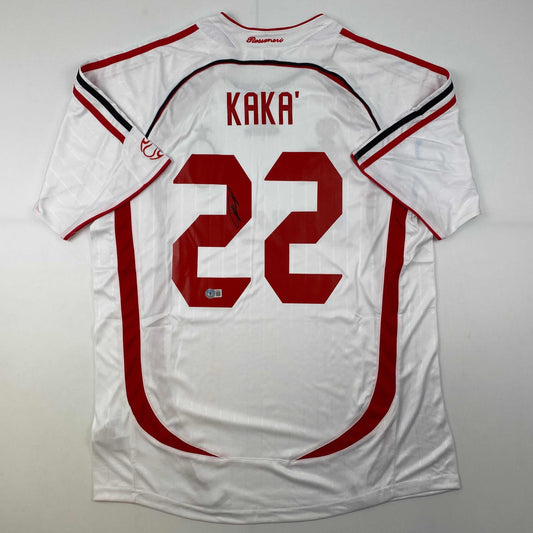 Autographed/Signed Ricardo Kaka AC Milan White Soccer Futbol Jersey Beckett BAS COA