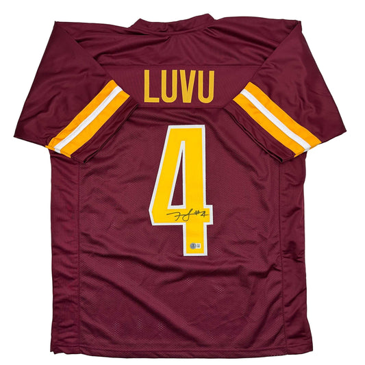 Autographed/Signed Frankie Luvu Washington Burgundy Football Jersey Beckett BAS COA
