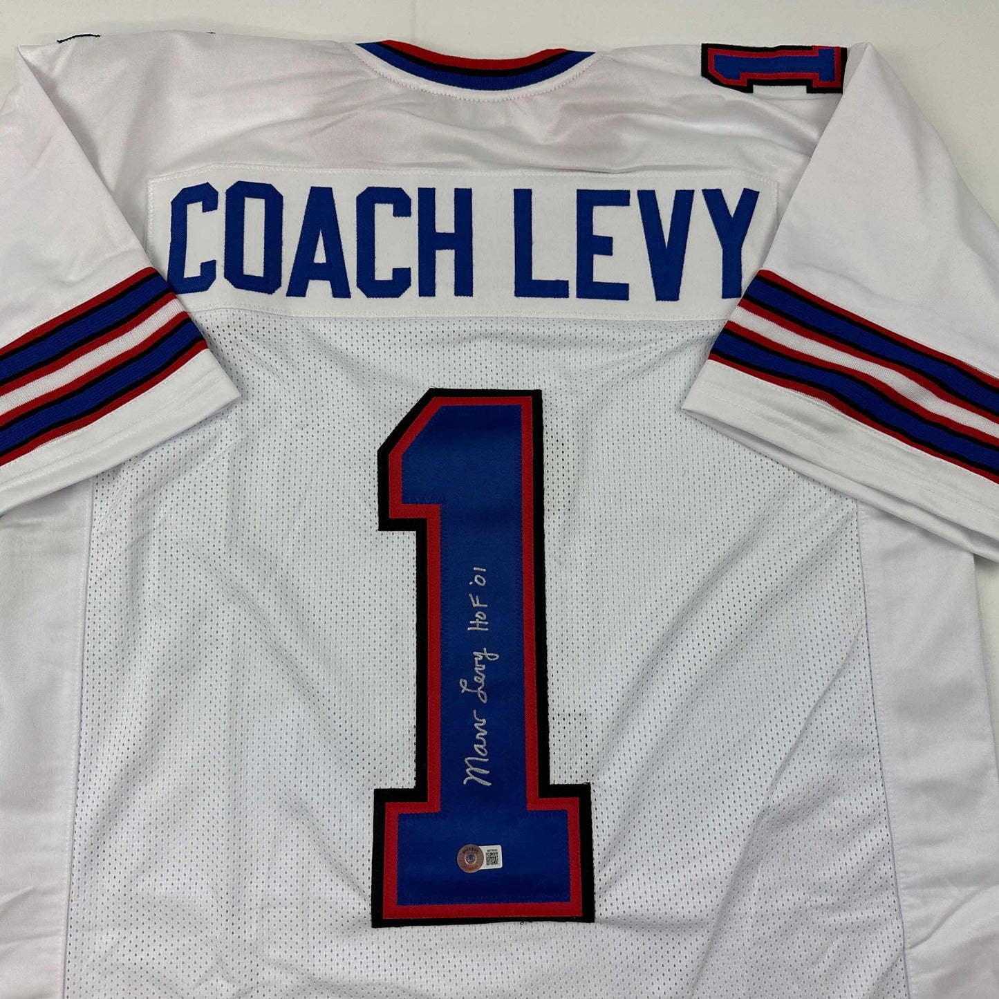 Autographed/Signed Coach Marv Levy HOF 01 Buffalo White Football Jersey Beckett BAS COA