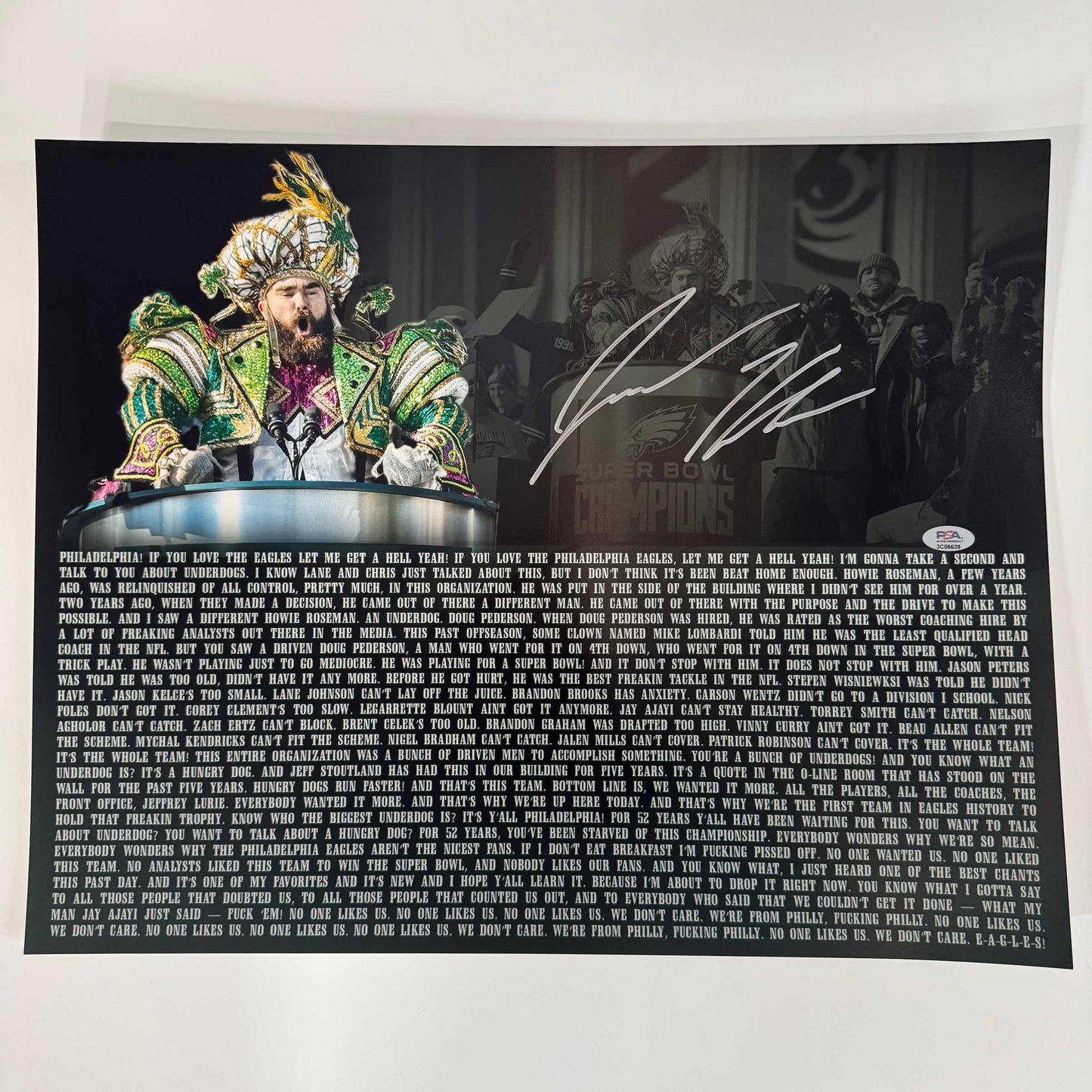 Autographed/Signed Jason Kelce Super Bowl Parade Speech Transcript Mummers Philadelphia Eagles 16x20 Football Photo PSA COA