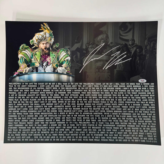 Autographed/Signed Jason Kelce Super Bowl Parade Speech Transcript Mummers Philadelphia Eagles 16x20 Football Photo PSA COA