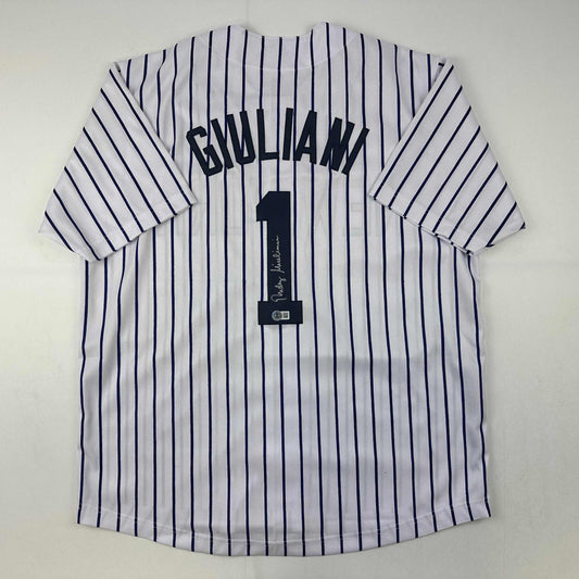 Autographed/Signed Rudy Giuliani New York Pinstripe Baseball Jersey Beckett BAS COA