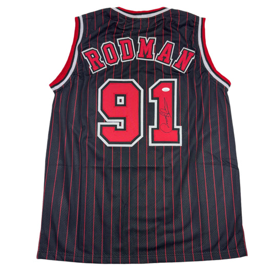 Autographed/Signed Dennis Rodman Chicago Pinstripe Basketball Jersey Beckett BAS COA