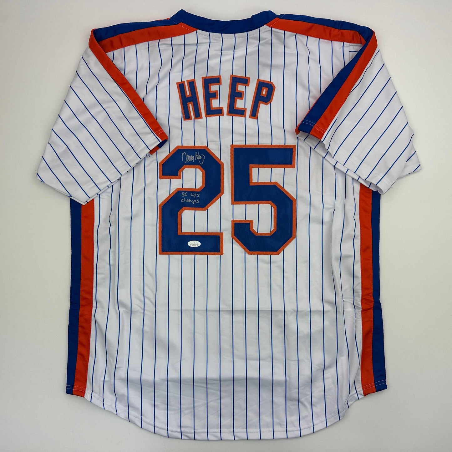 Autographed/Signed Danny Heep 86 WS Champs New York Pinstripe Baseball Jersey JSA COA