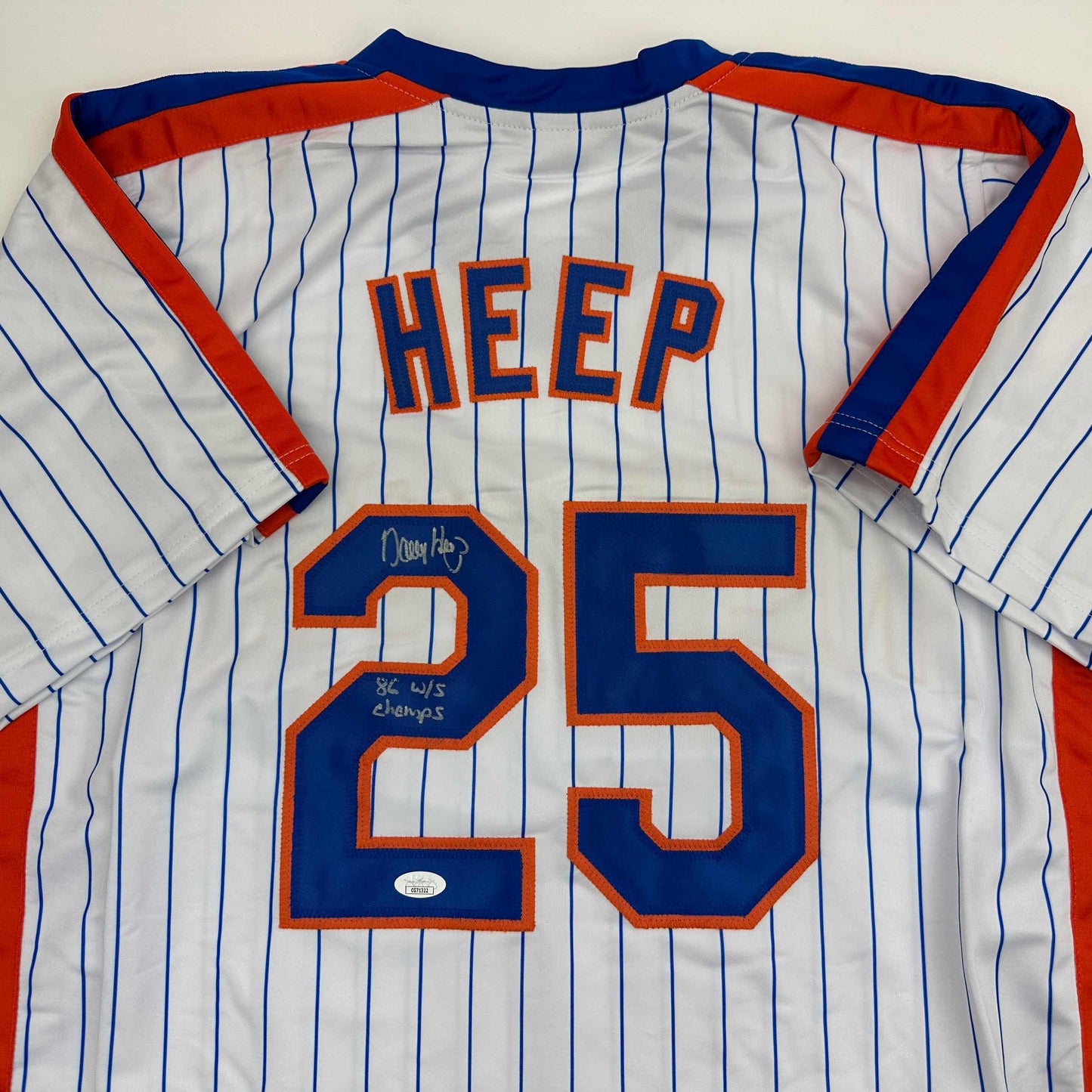Autographed/Signed Danny Heep 86 WS Champs New York Pinstripe Baseball Jersey JSA COA