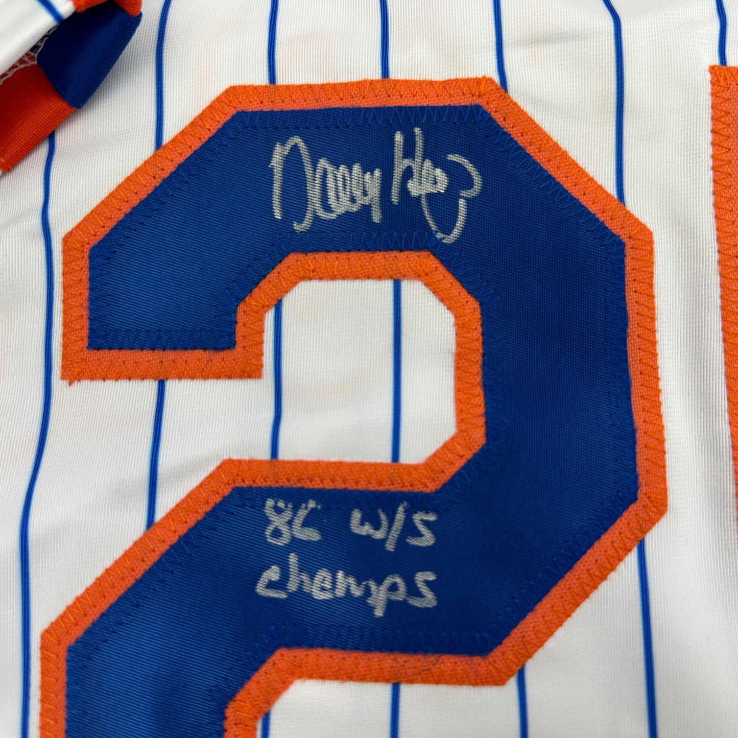 Autographed/Signed Danny Heep 86 WS Champs New York Pinstripe Baseball Jersey JSA COA