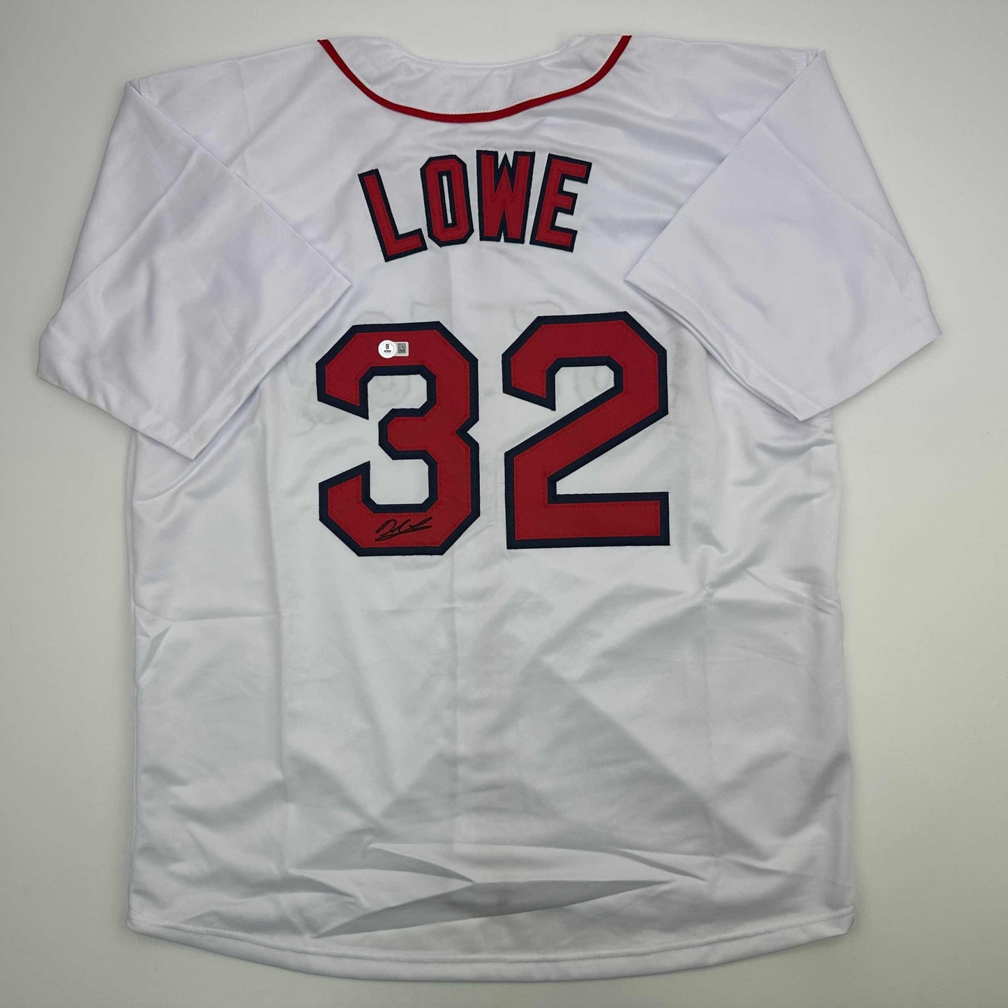 Autographed/Signed Derek Lowe Boston White Baseball Jersey Beckett BAS COA