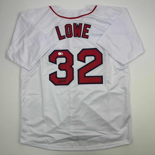 Autographed/Signed Derek Lowe Boston White Baseball Jersey Beckett BAS COA
