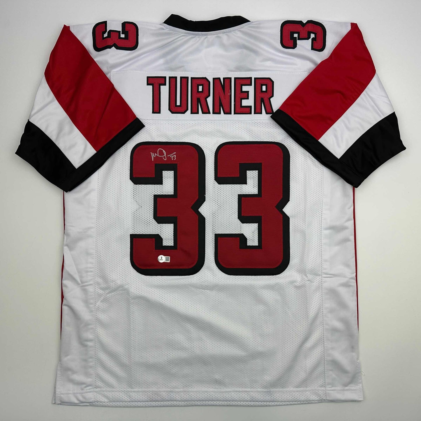 Autographed/Signed Michael Turner Atlanta White Football Jersey Beckett BAS COA