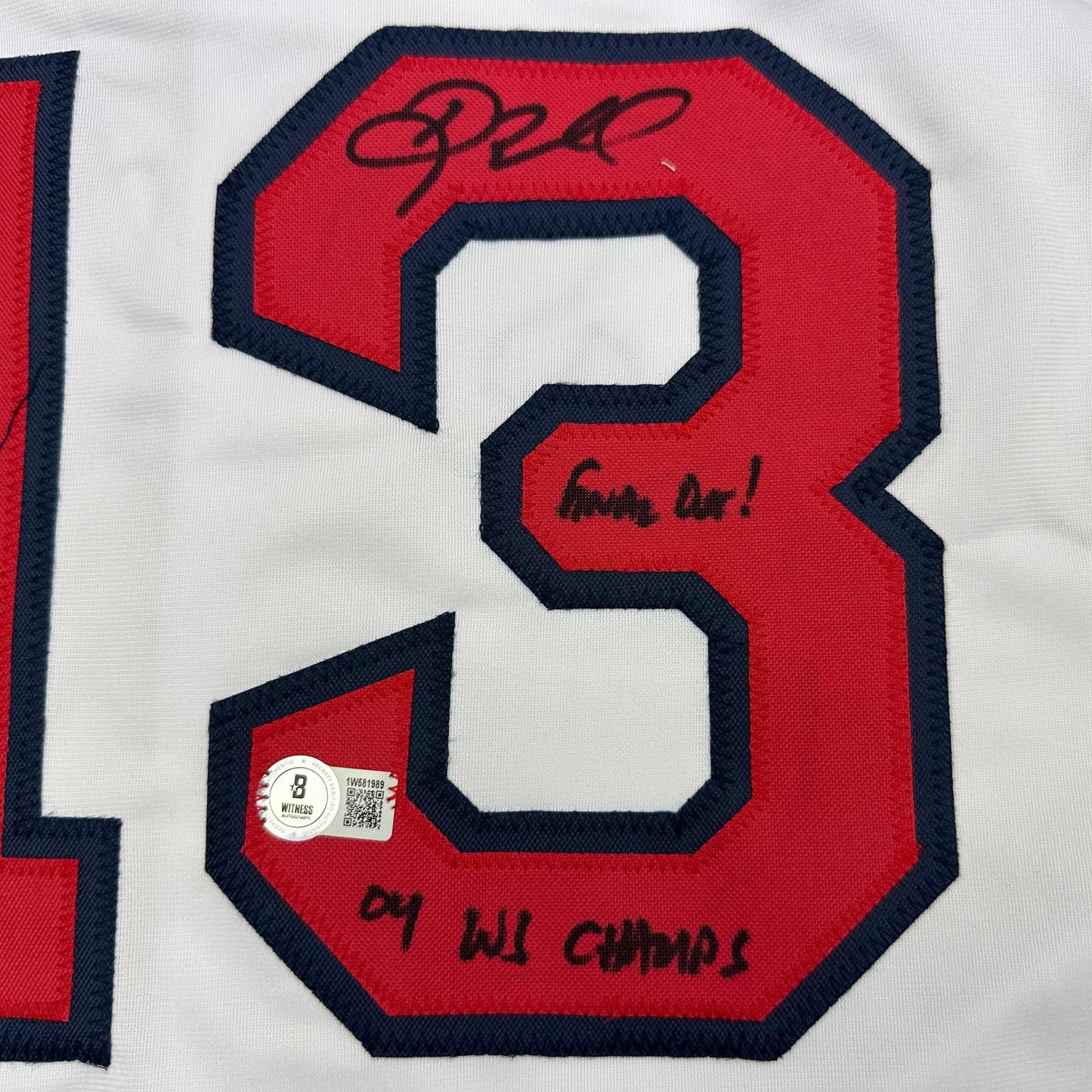 Autographed/Signed Doug Mientkiewicz Final Out! 04 WS Champs! Boston White Baseball Jersey Beckett BAS COA