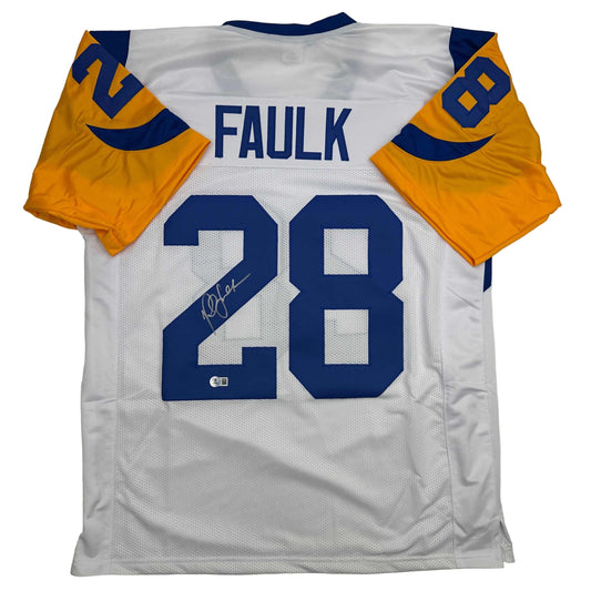 Autographed/Signed Marshall Faulk St. Louis Retro White Football Jersey Beckett BAS COA