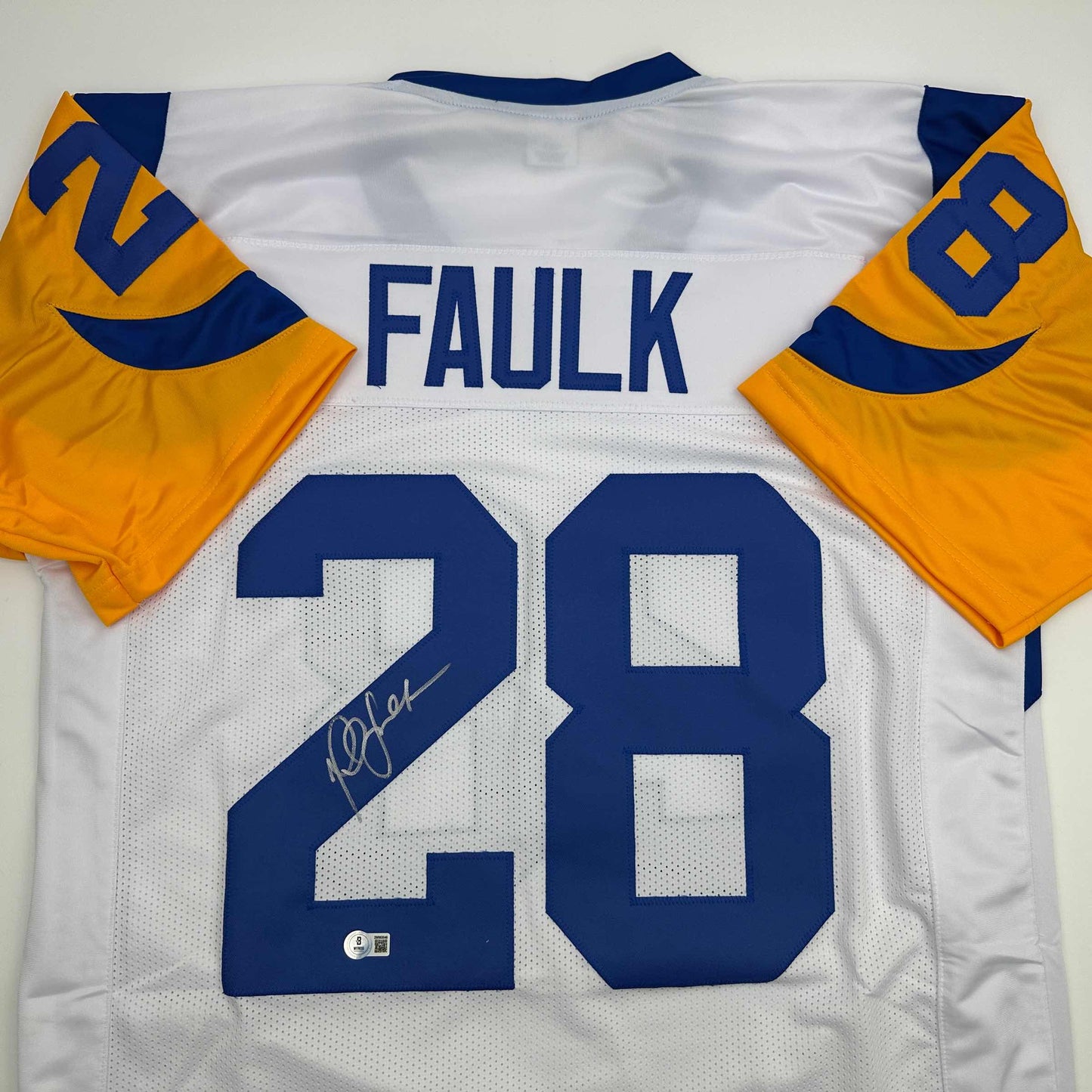 Autographed/Signed Marshall Faulk St. Louis Retro White Football Jersey Beckett BAS COA