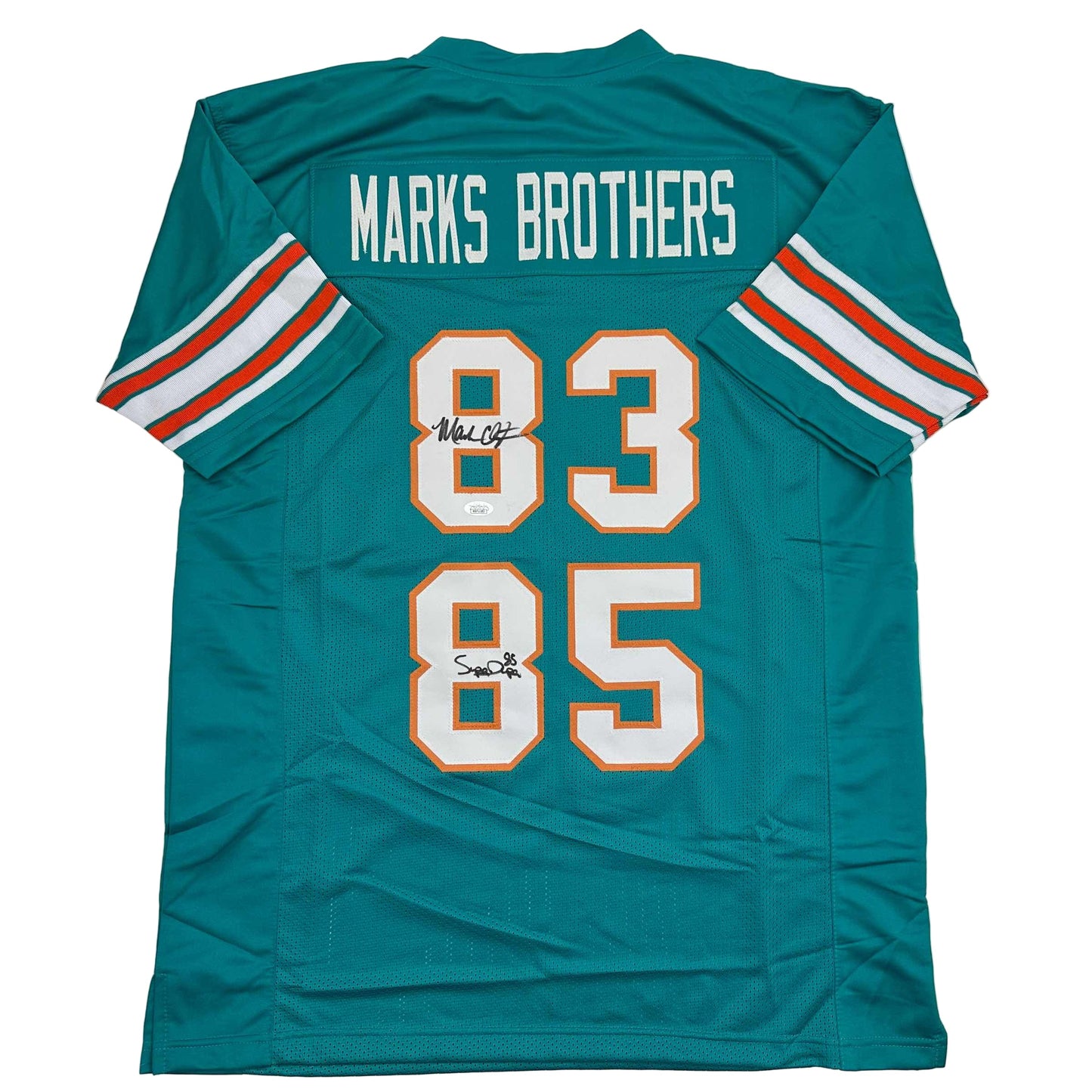 Autographed/Signed Marks Brothers Mark Clayton & Mark Duper Miami Teal Football Jersey JSA COA