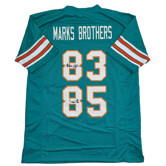 Autographed/Signed Marks Brothers Mark Clayton & Mark Duper Miami Teal Football Jersey JSA COA