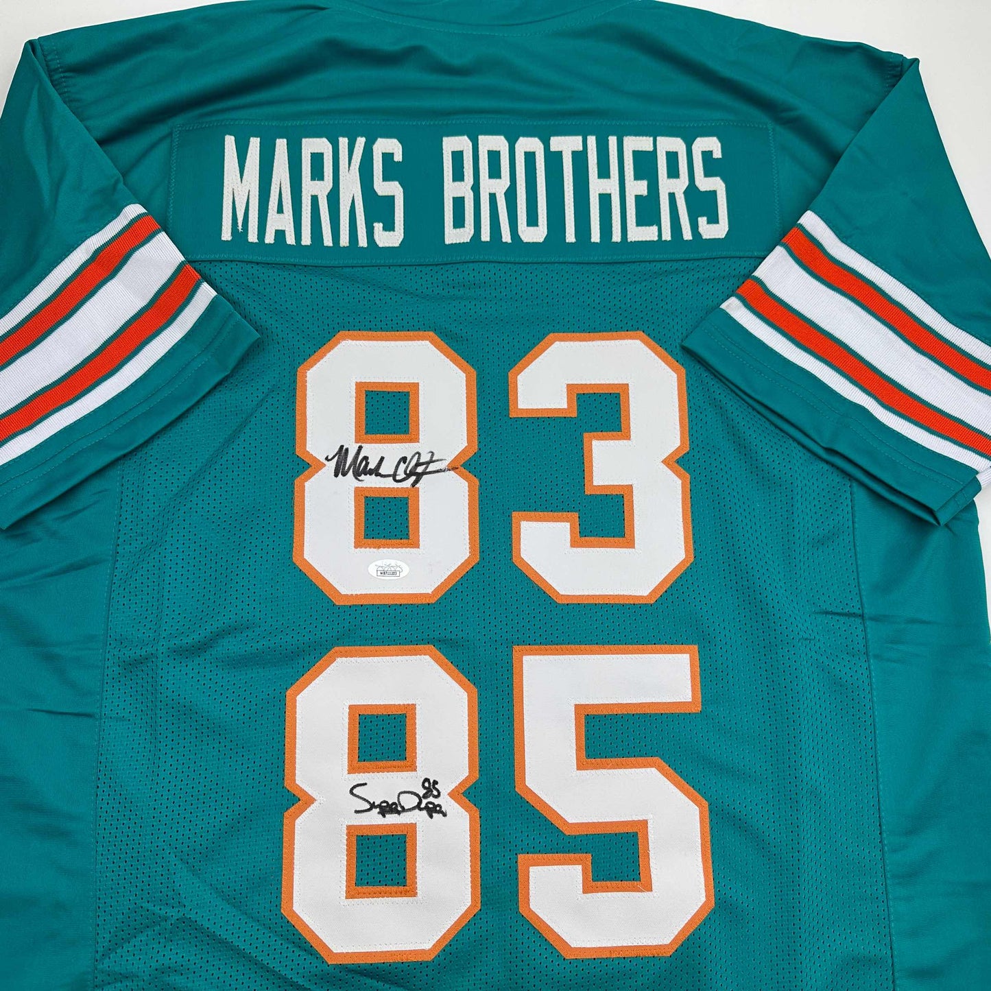 Autographed/Signed Marks Brothers Mark Clayton & Mark Duper Miami Teal Football Jersey JSA COA