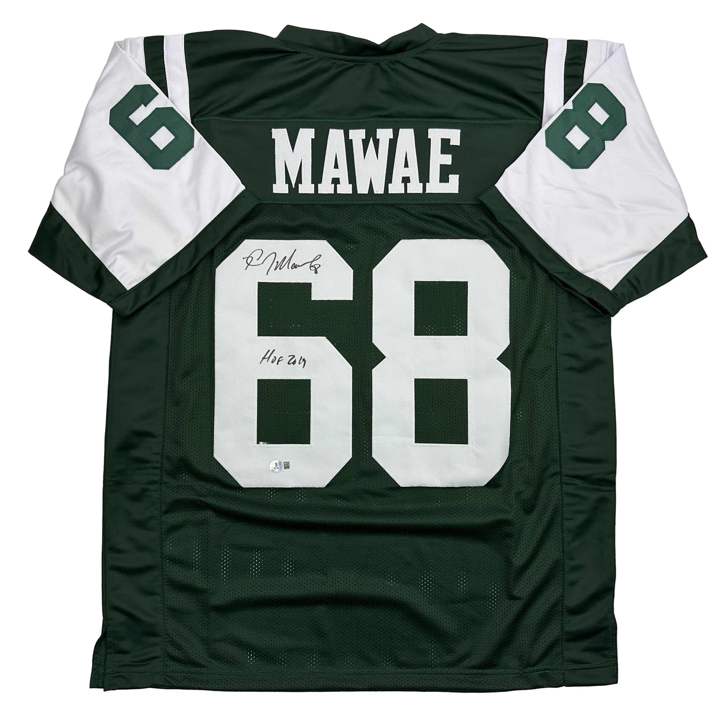 Autographed/Signed Kevin Mawae HOF 2019 New York Green Football Jersey Beckett BAS COA