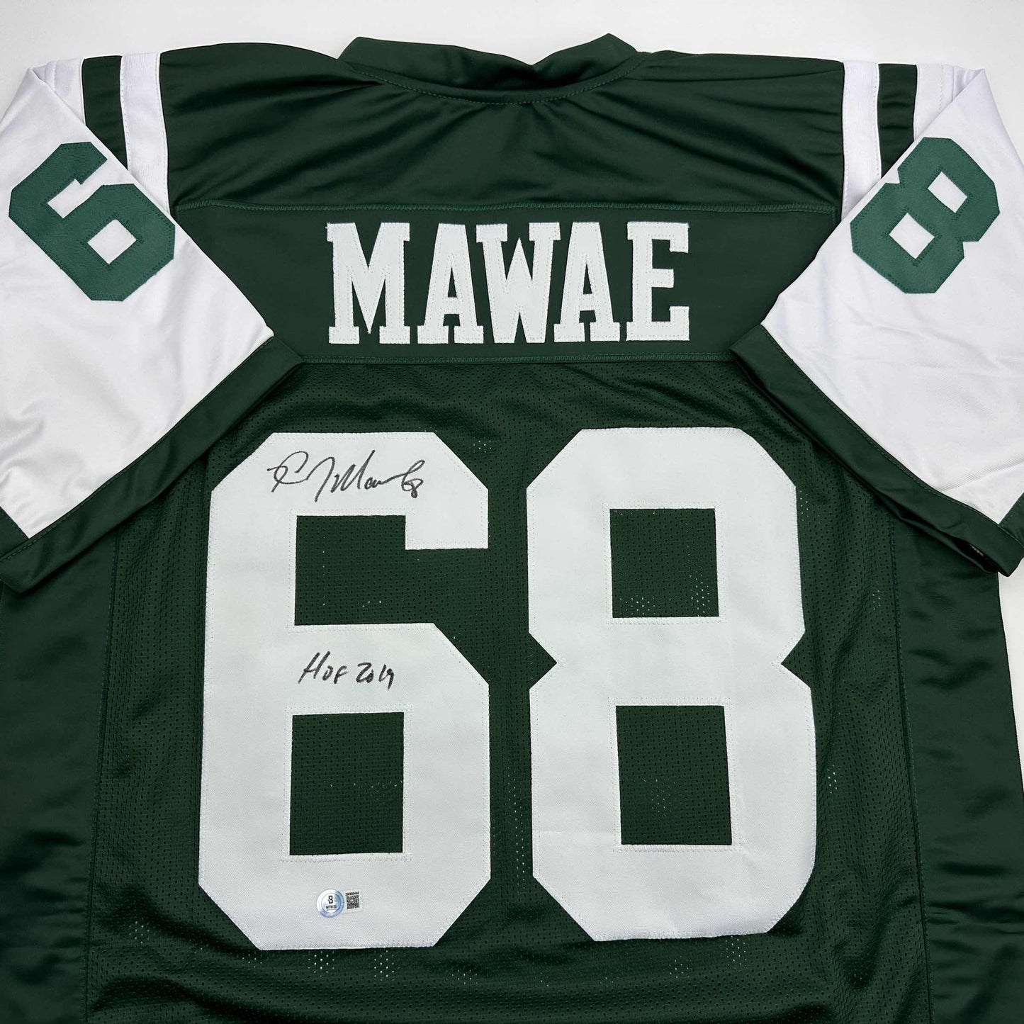 Autographed/Signed Kevin Mawae HOF 2019 New York Green Football Jersey Beckett BAS COA