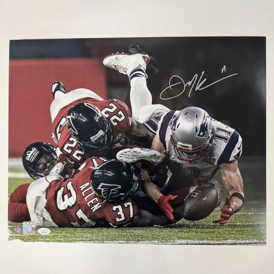 Autographed/Signed Julian Edelman New England Patriots 16x20 Football Photo JSA COA
