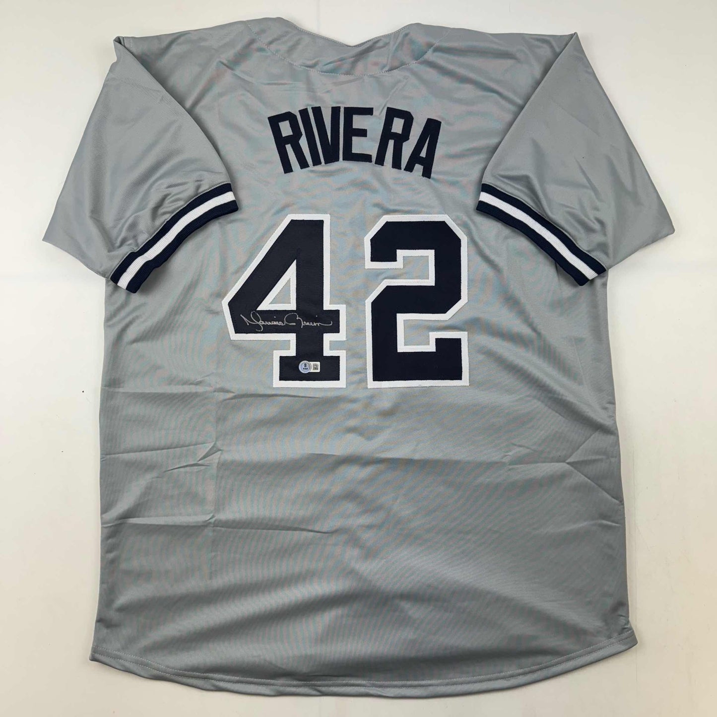 Autographed/Signed Mariano Rivera New York Grey Baseball Jersey Beckett BAS COA Holo