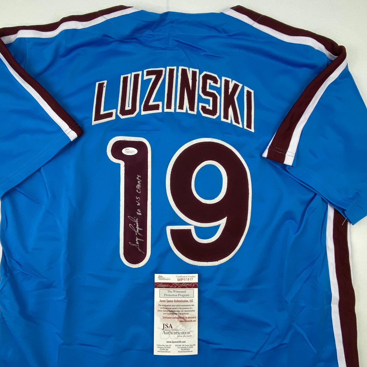 Autographed/Signed Greg Luzinski 80 WS Champs Philadelphia Retro Blue Baseball Jersey JSA COA