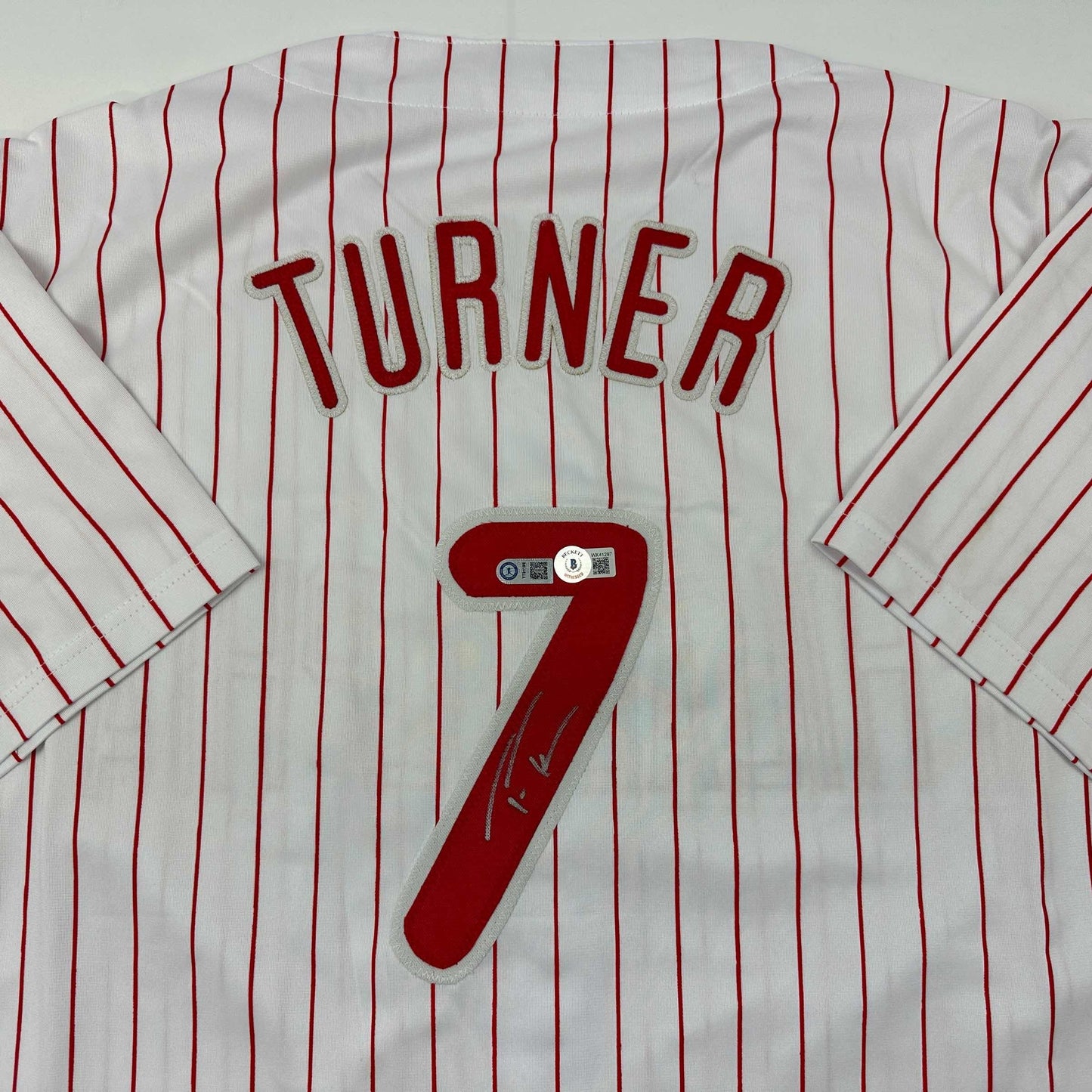 Autographed/Signed Trea Turner Philadelphia Pinstripe Baseball Jersey Beckett BAS COA