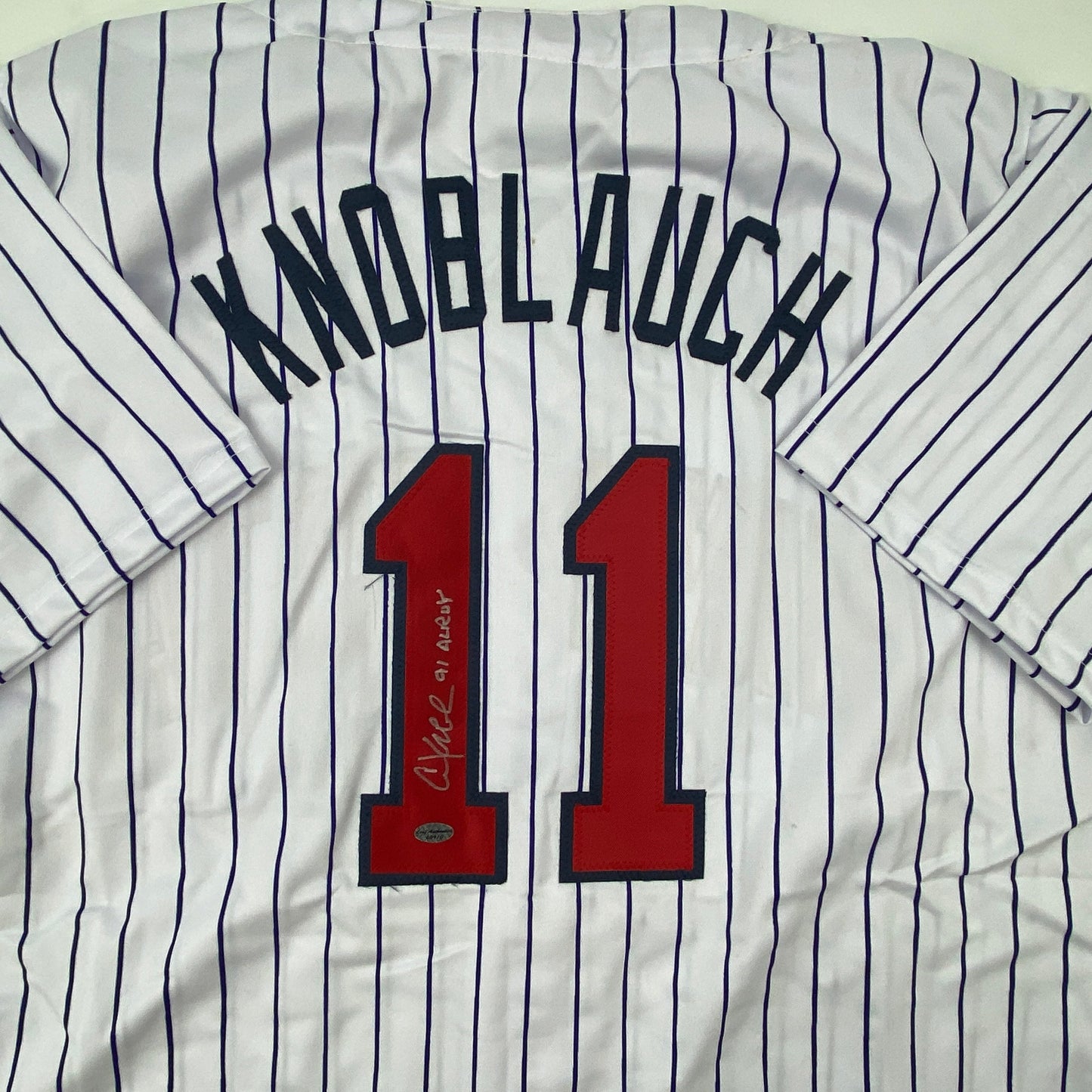 Autographed/Signed Chuck Knoblauch Minnesota Pinstripe Baseball Jersey Leaf Authentic COA