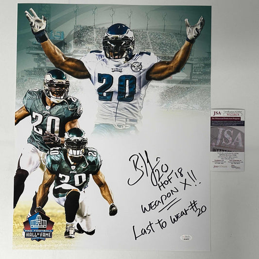 Autographed/Signed Brian Dawkins 3x Inscribed HOF 18 Weapon X Last To Wear #20 Philadelphia Eagles 16x20 Football Photo JSA COA
