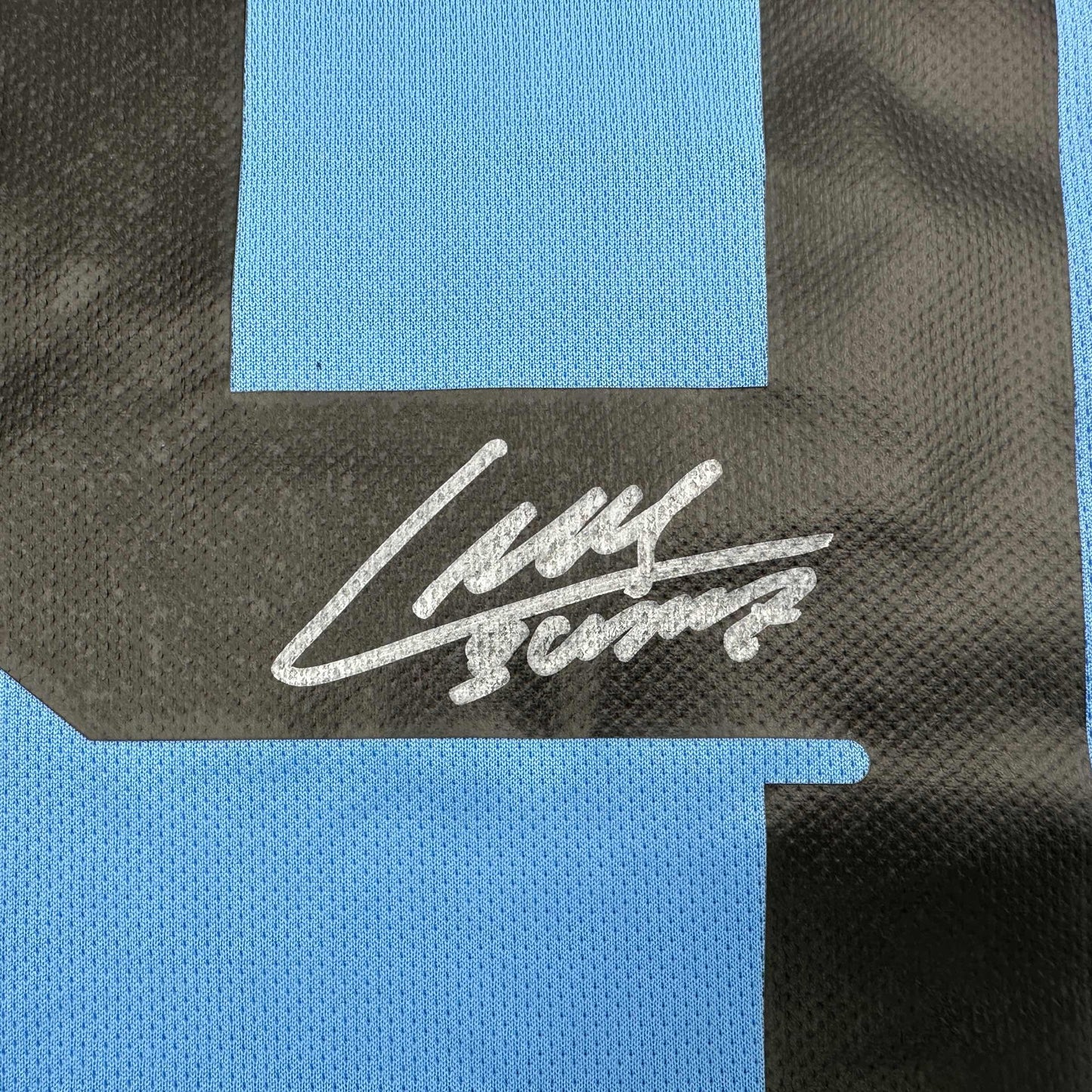 Autographed/Signed Luis Suarez Uruguay Blue World Cup Soccer Futbol Jersey Beckett BAS COA