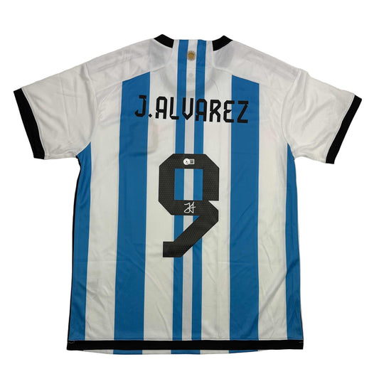 Autographed/Signed Julian Alvarez Argentina Blue/White Soccer World Cup Jersey Beckett BAS COA