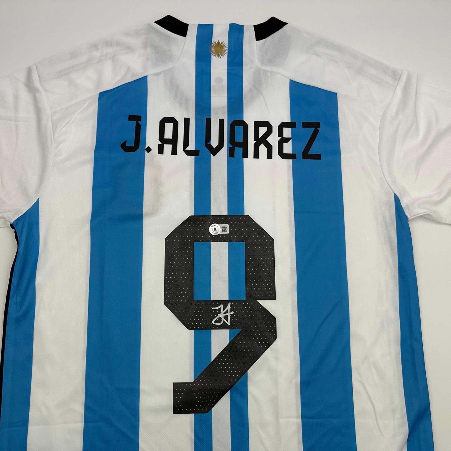 Autographed/Signed Julian Alvarez Argentina Blue/White Soccer World Cup Jersey Beckett BAS COA