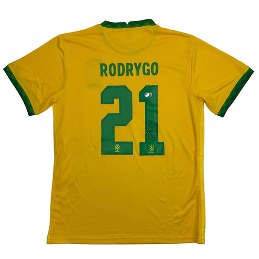 Autographed/Signed Rodrygo Silva de Goes Brazil Yellow Soccer World Cup Jersey Beckett BAS COA