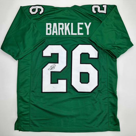 Autographed/Signed Saquon Barkley Philadelphia Kelly Green Football Jersey Beckett BAS COA